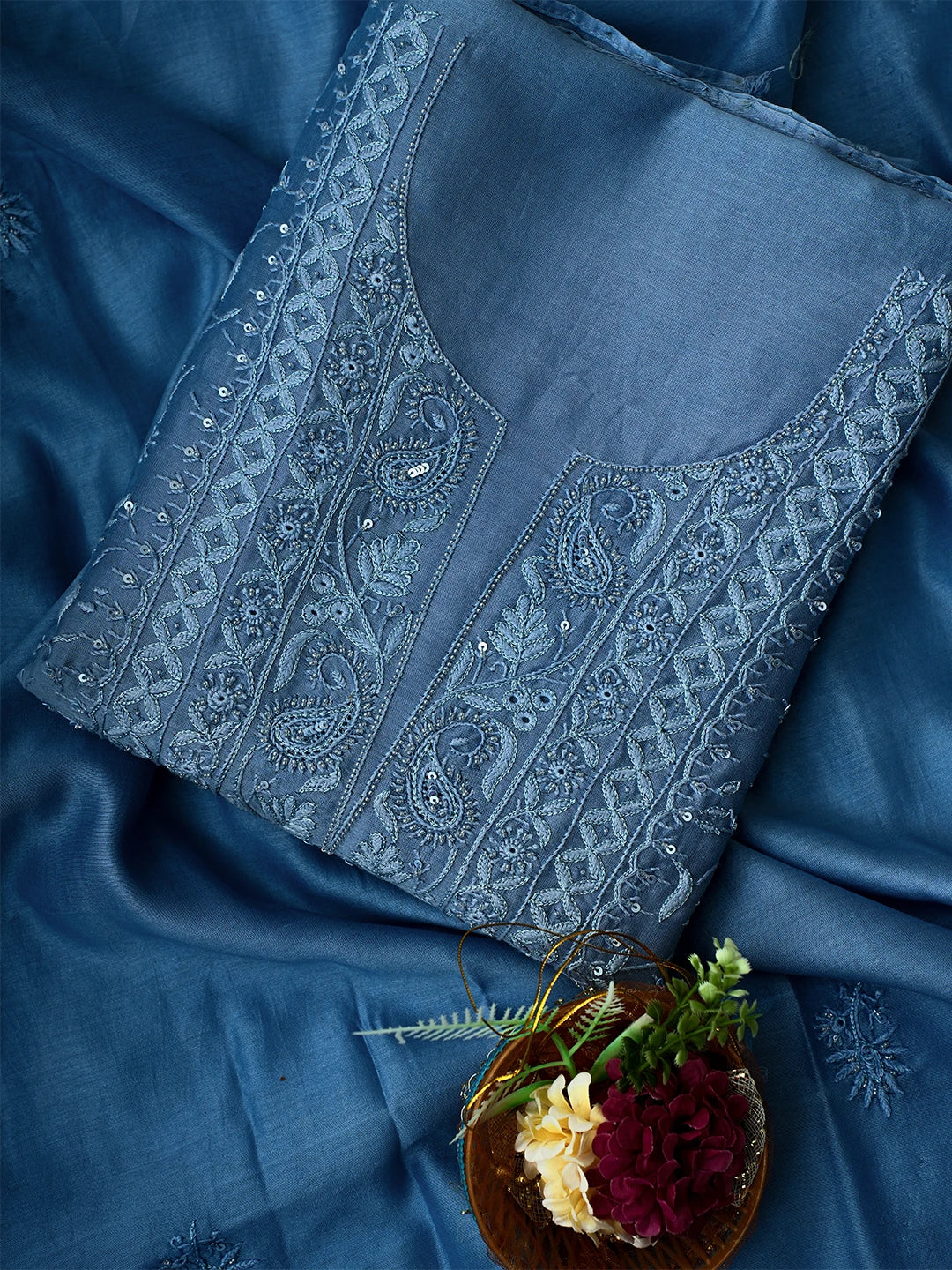 Ada Hand Embroidered Cornflower Blue Chanderi Lucknowi Chikankari Unstitched Kurta Dupatta Set With Cutdana Work 01A665702