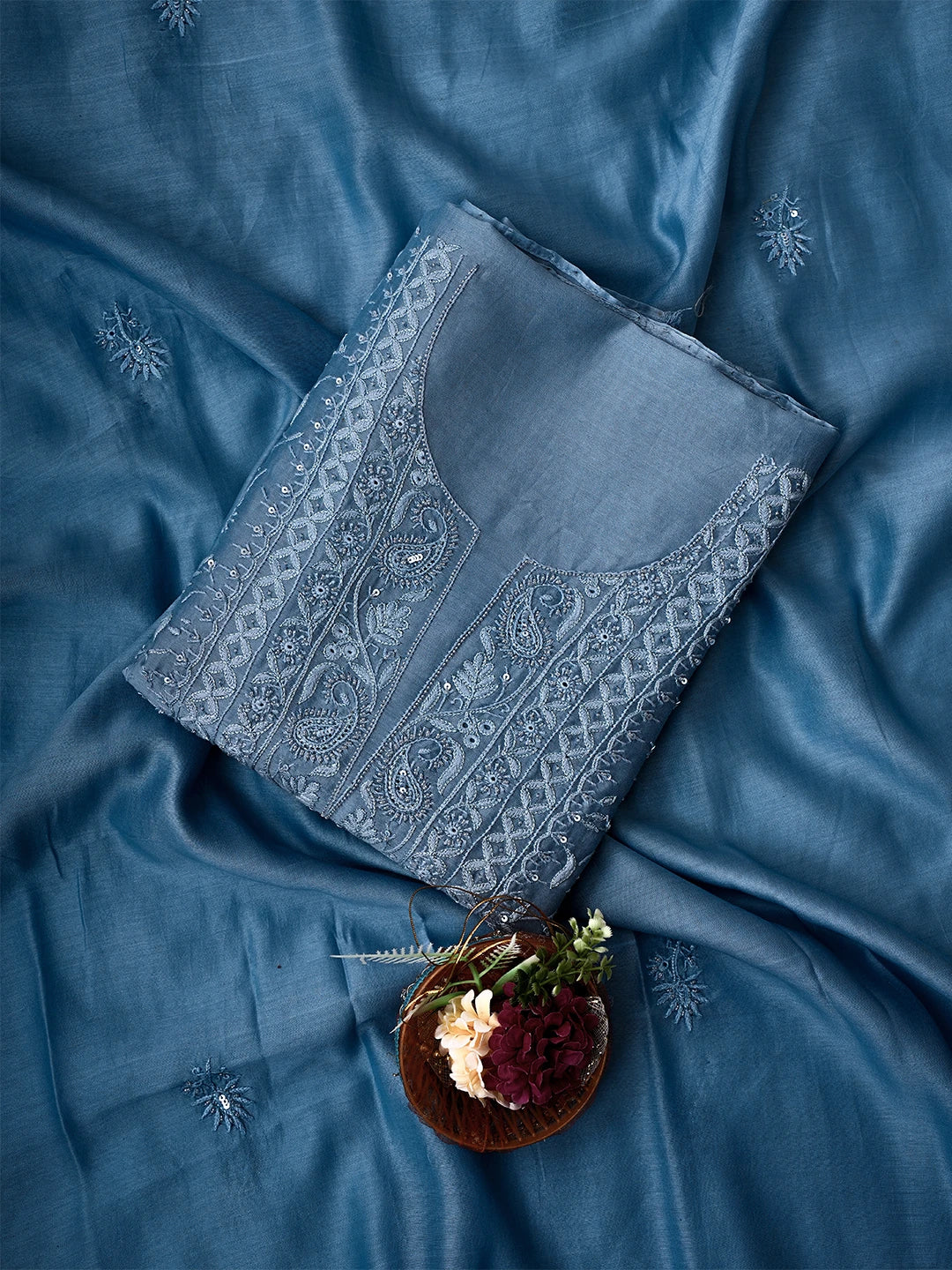 Ada Hand Embroidered Cornflower Blue Chanderi Lucknowi Chikankari Unstitched Kurta Dupatta Set With Cutdana Work 01A665702