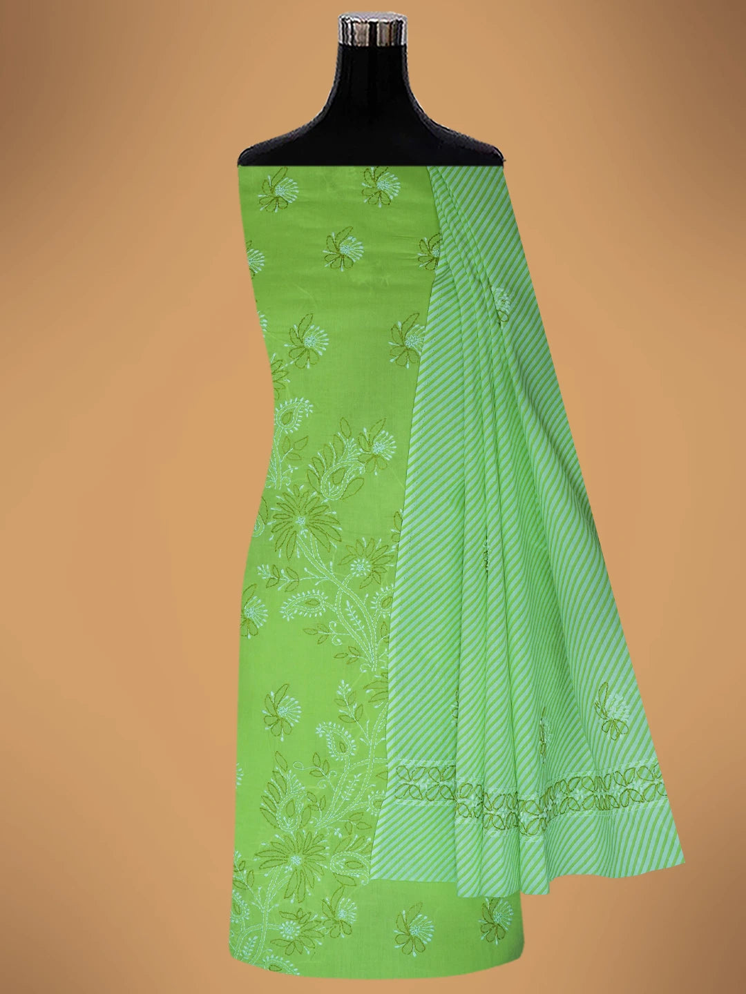 Ada Hand Embroidered Lime Green Cotton Lucknowi Chikankari Unstitched Suit Piece 01A705370
