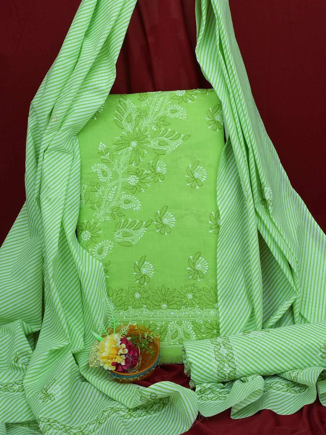 Ada Hand Embroidered Lime Green Cotton Lucknowi Chikankari Unstitched Suit Piece 01A705370