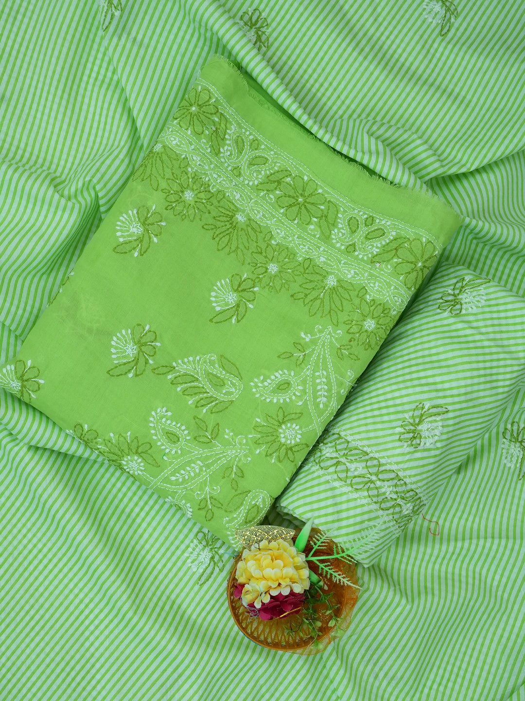 Ada Hand Embroidered Lime Green Cotton Lucknowi Chikankari Unstitched Suit Piece 01A705370