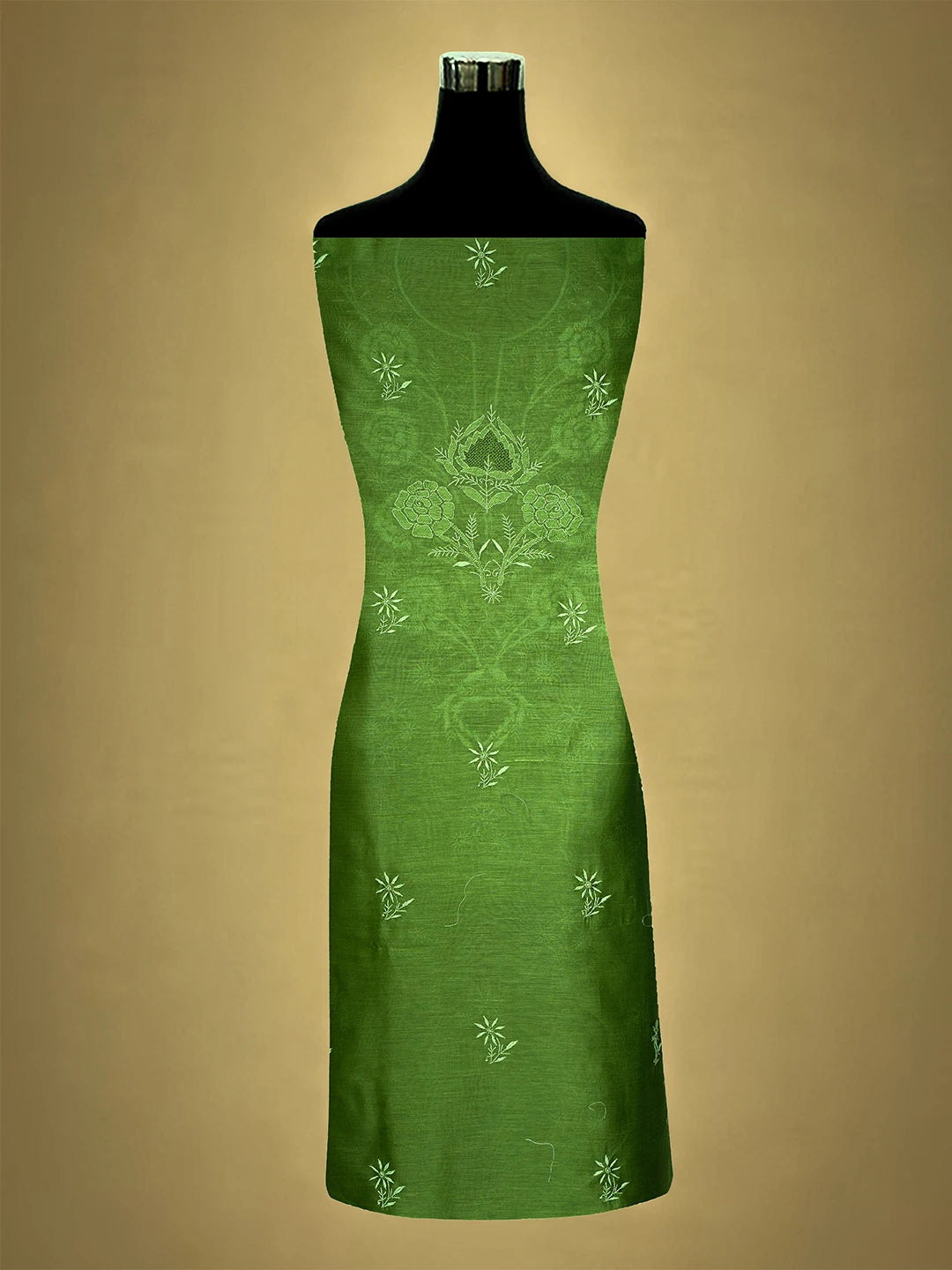 Ada Hand Embroidered Asparagus Green Chanderi Lucknowi Chikankari Unstitched Kurta Dupatta Set 01A705052