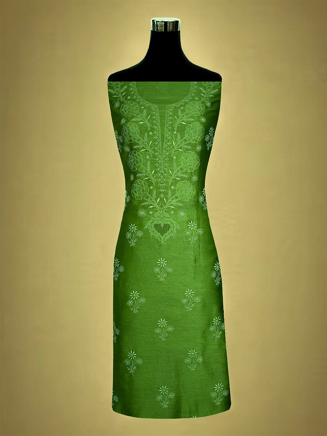 Ada Hand Embroidered Asparagus Green Chanderi Lucknowi Chikankari Unstitched Kurta Dupatta Set 01A705052