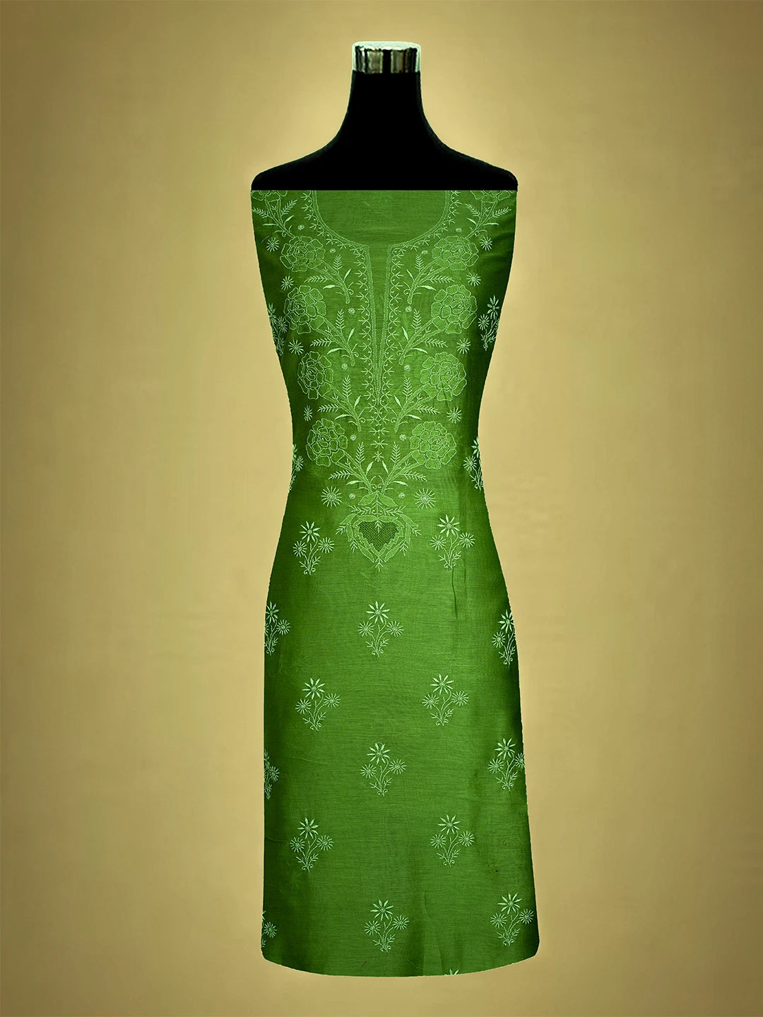 Ada Hand Embroidered Asparagus Green Chanderi Lucknowi Chikankari Unstitched Kurta Dupatta Set 01A705052