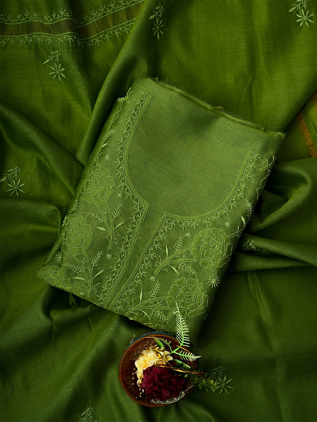 Ada Hand Embroidered Asparagus Green Chanderi Lucknowi Chikankari Unstitched Kurta Dupatta Set 01A705052