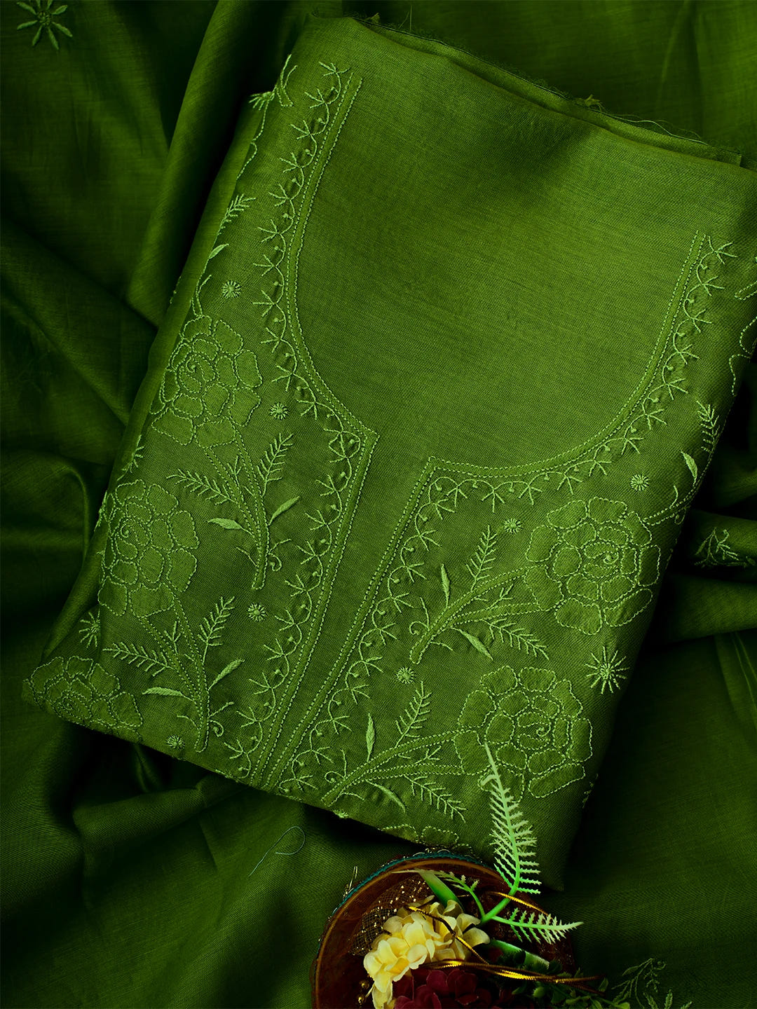 Ada Hand Embroidered Asparagus Green Chanderi Lucknowi Chikankari Unstitched Kurta Dupatta Set 01A705052