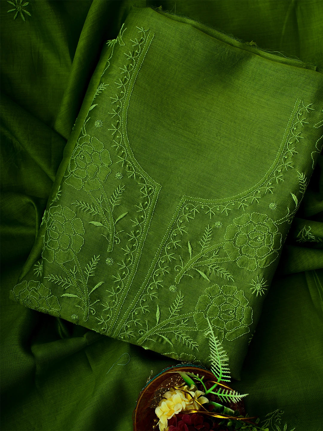 Ada Hand Embroidered Asparagus Green Chanderi Lucknowi Chikankari Unstitched Kurta Dupatta Set 01A705052