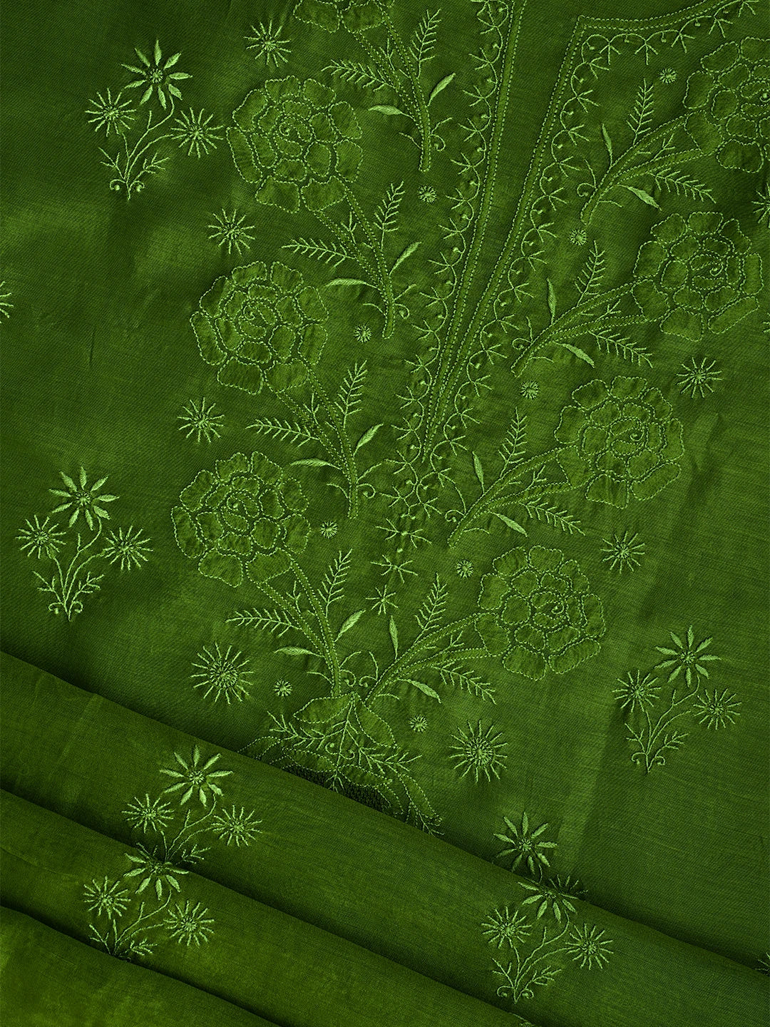 Ada Hand Embroidered Asparagus Green Chanderi Lucknowi Chikankari Unstitched Kurta Dupatta Set 01A705052