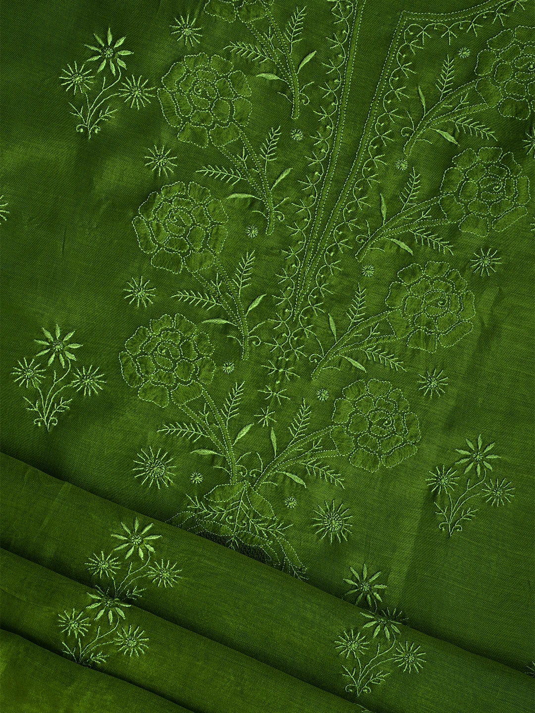 Ada Hand Embroidered Asparagus Green Chanderi Lucknowi Chikankari Unstitched Kurta Dupatta Set 01A705052