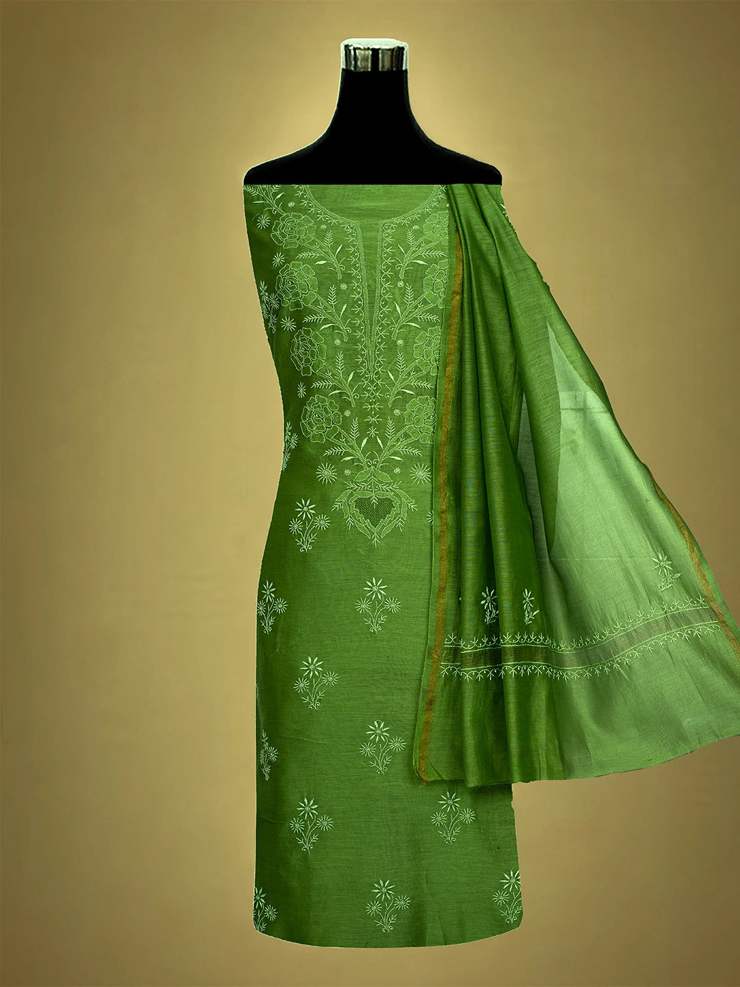 Ada Hand Embroidered Asparagus Green Chanderi Lucknowi Chikankari Unstitched Kurta Dupatta Set 01A705052