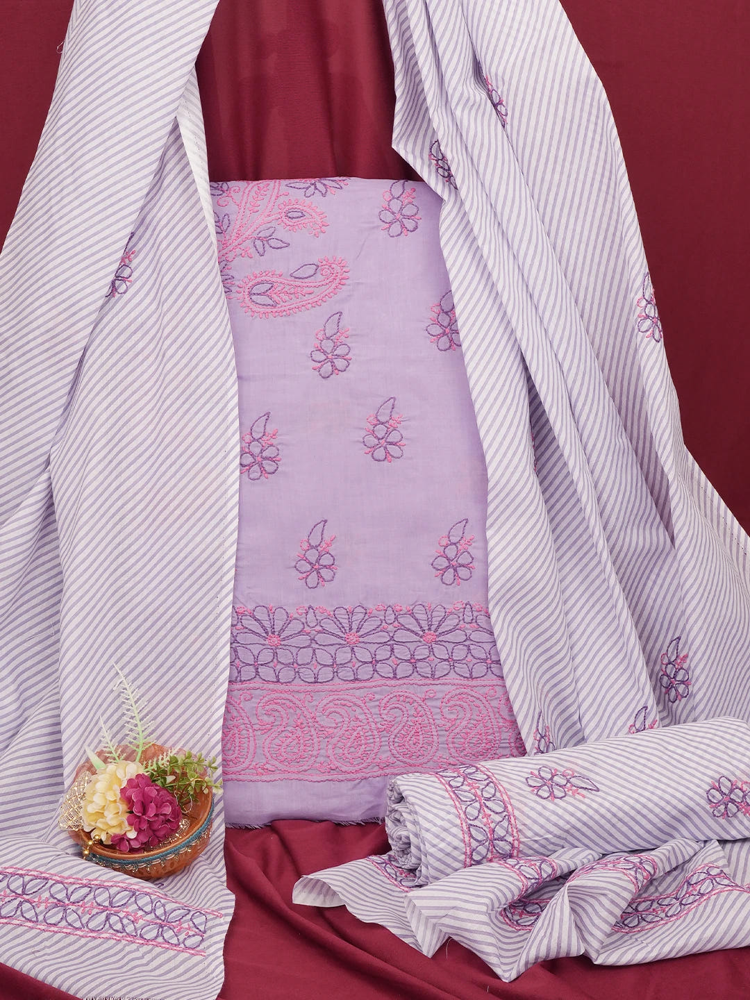 Ada Hand Embroidered Mauve Cotton Lucknowi Chikankari Unstitched Suit Piece 01A705371