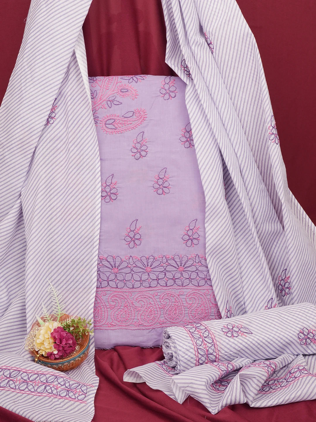 Ada Hand Embroidered Mauve Cotton Lucknowi Chikankari Unstitched Suit Piece 01A705371