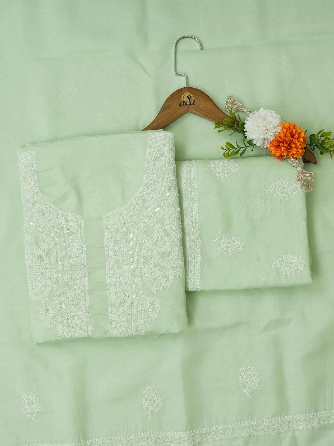 Ada Hand Embroidered Light Green Cotton Lucknowi Chikankari Unstitched Suit Piece With Cutdana Work 01A677009