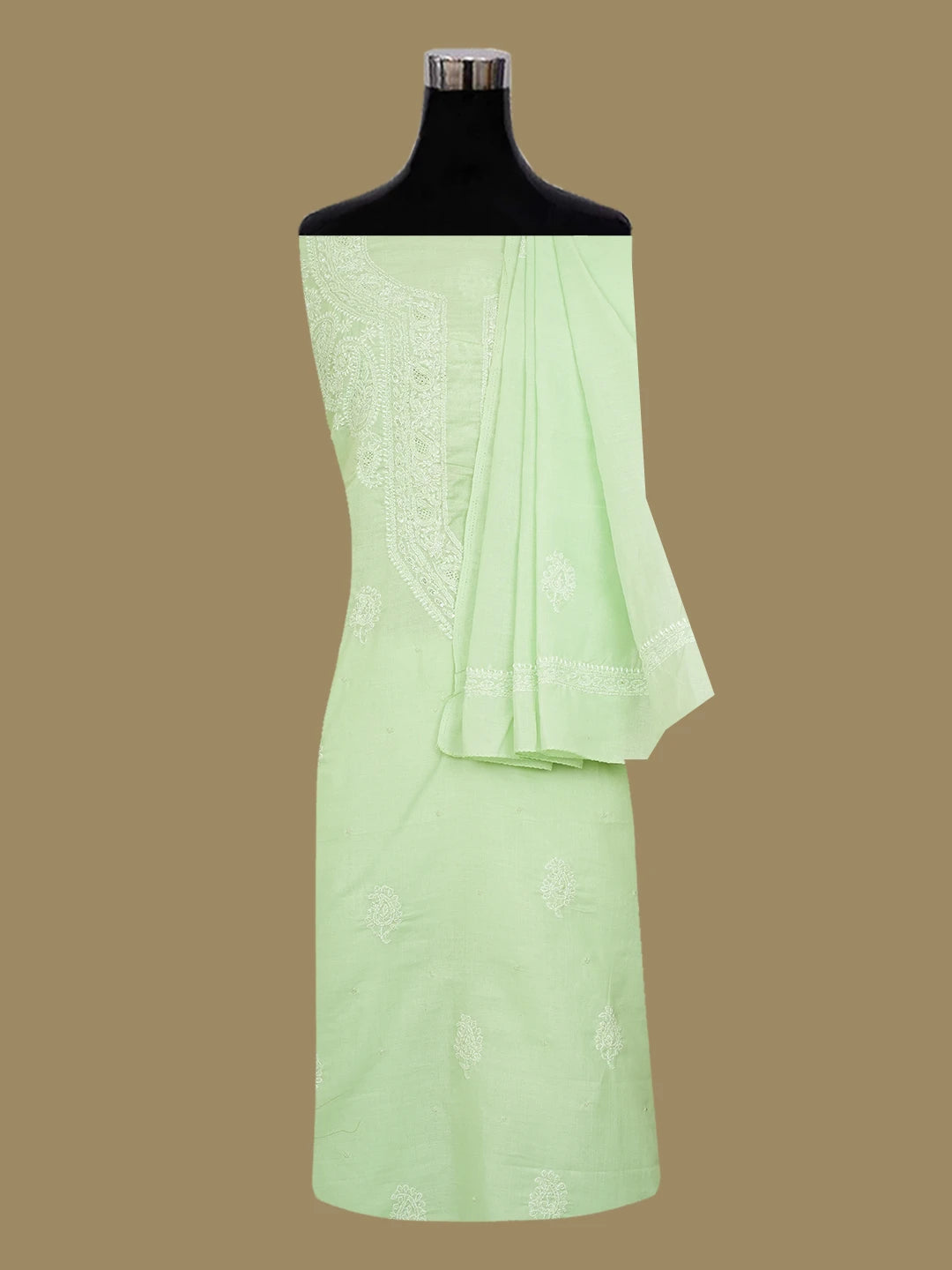 Ada Hand Embroidered Light Green Cotton Lucknowi Chikankari Unstitched Suit Piece With Cutdana Work 01A677009