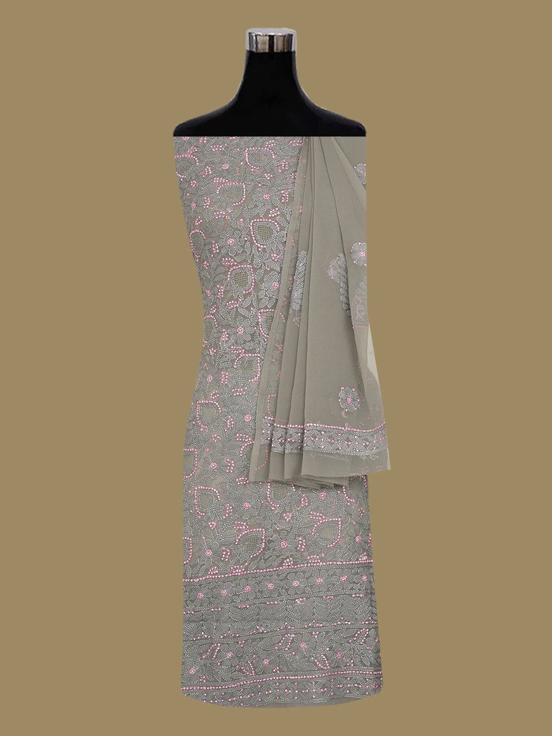 Ada Hand Embroidered Grey Georgette Lucknowi Chikankari Unstitched Suit Piece 01A707996