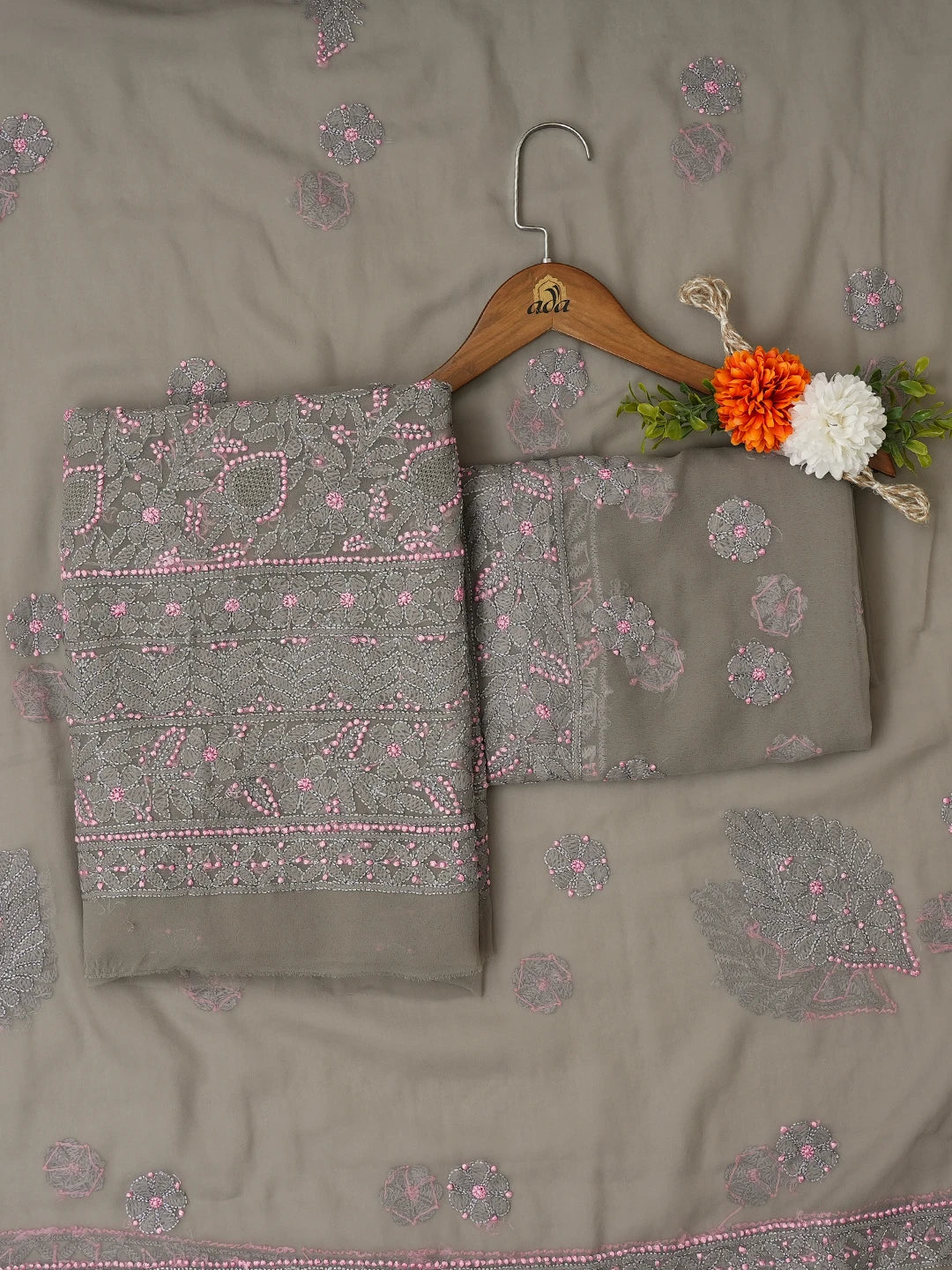 Ada Hand Embroidered Grey Georgette Lucknowi Chikankari Unstitched Suit Piece 01A707996