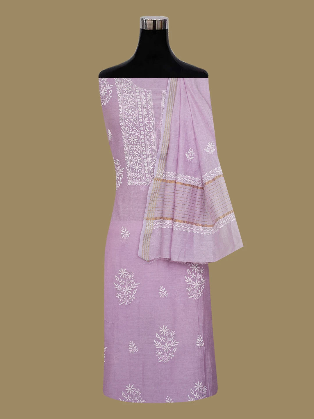 Ada Hand Embroidered Mauve Chanderi Lucknowi Chikankari Unstitched Kurta Dupatta Set 01A665683