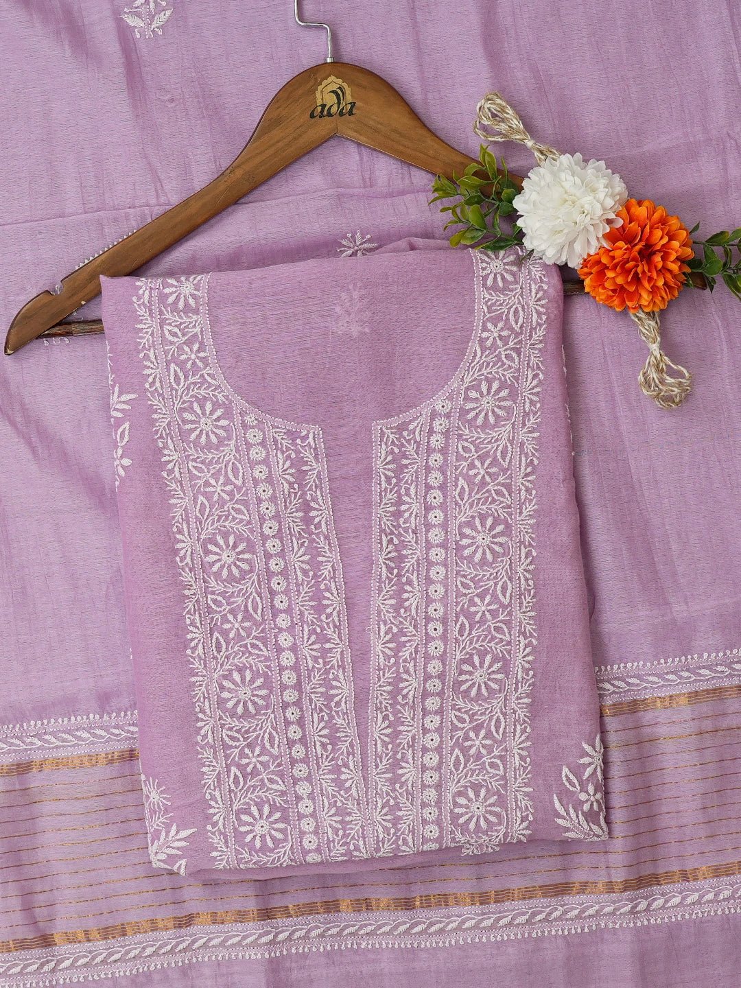 Ada Hand Embroidered Mauve Chanderi Lucknowi Chikankari Unstitched Kurta Dupatta Set 01A665683