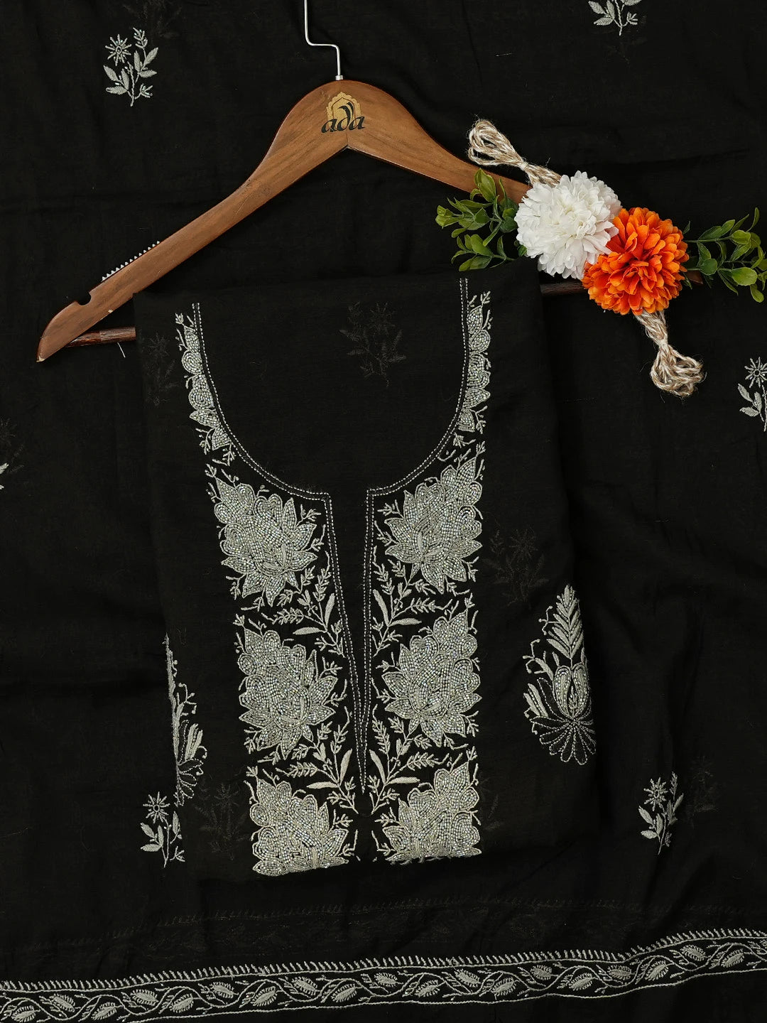 Ada Hand Embroidered Black Chanderi Lucknowi Chikankari Unstitched Kurta Dupatta Set With Cutdana Work 01A67178