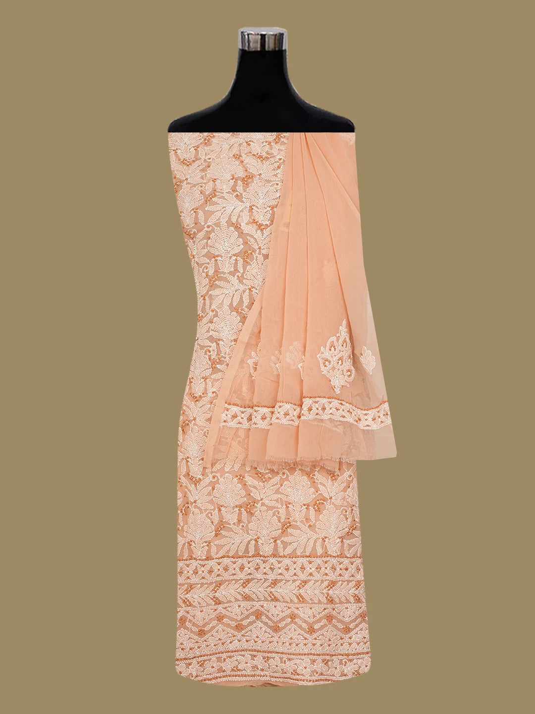 Ada Hand Embroidered Dusty Peach Georgette Lucknowi Chikankari Unstitched Suit Piece 01A707964