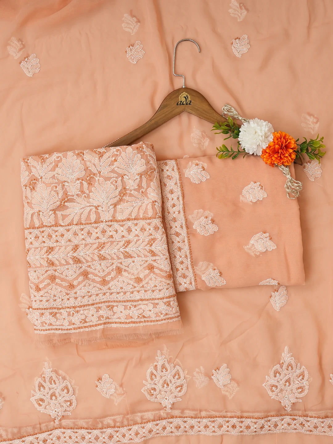 Ada Hand Embroidered Dusty Peach Georgette Lucknowi Chikankari Unstitched Suit Piece 01A707964