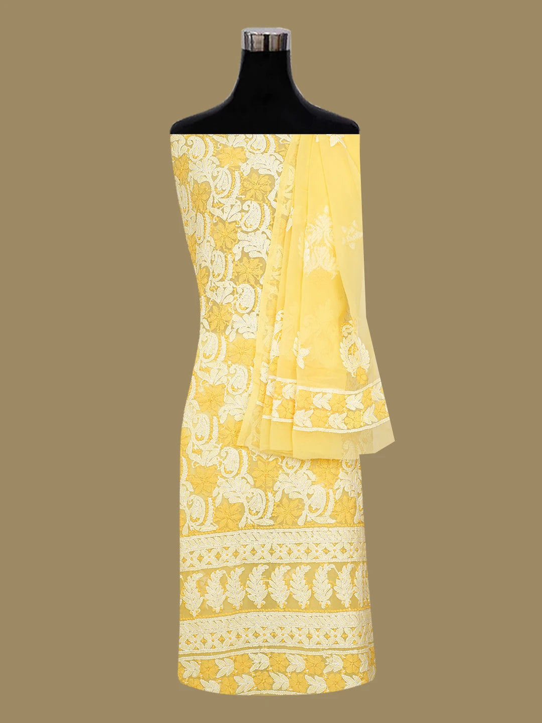 Ada Hand Embroidered Yellow Georgette Lucknowi Chikankari Unstitched Suit Piece 01A707976