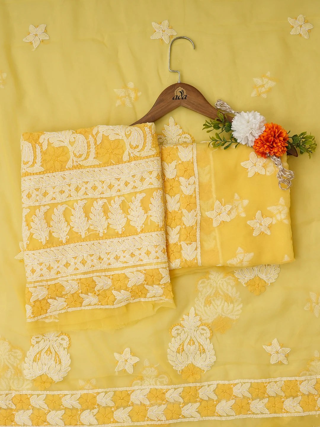 Ada Hand Embroidered Yellow Georgette Lucknowi Chikankari Unstitched Suit Piece 01A707976