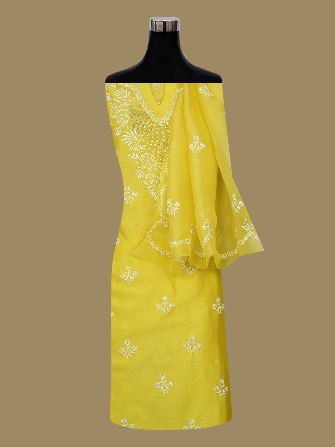 Ada Hand Embroidered Citrine Yellow Chanderi Lucknowi Chikankari Semi- Stitched Suit Piece With Muqaish Work 01A705028