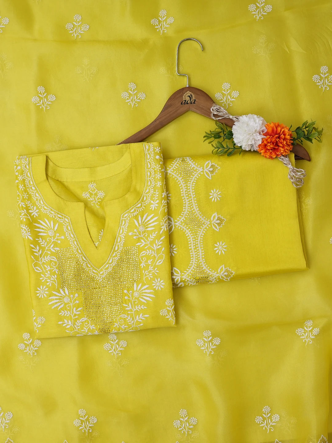 Ada Hand Embroidered Citrine Yellow Chanderi Lucknowi Chikankari Semi- Stitched Suit Piece With Muqaish Work 01A705028