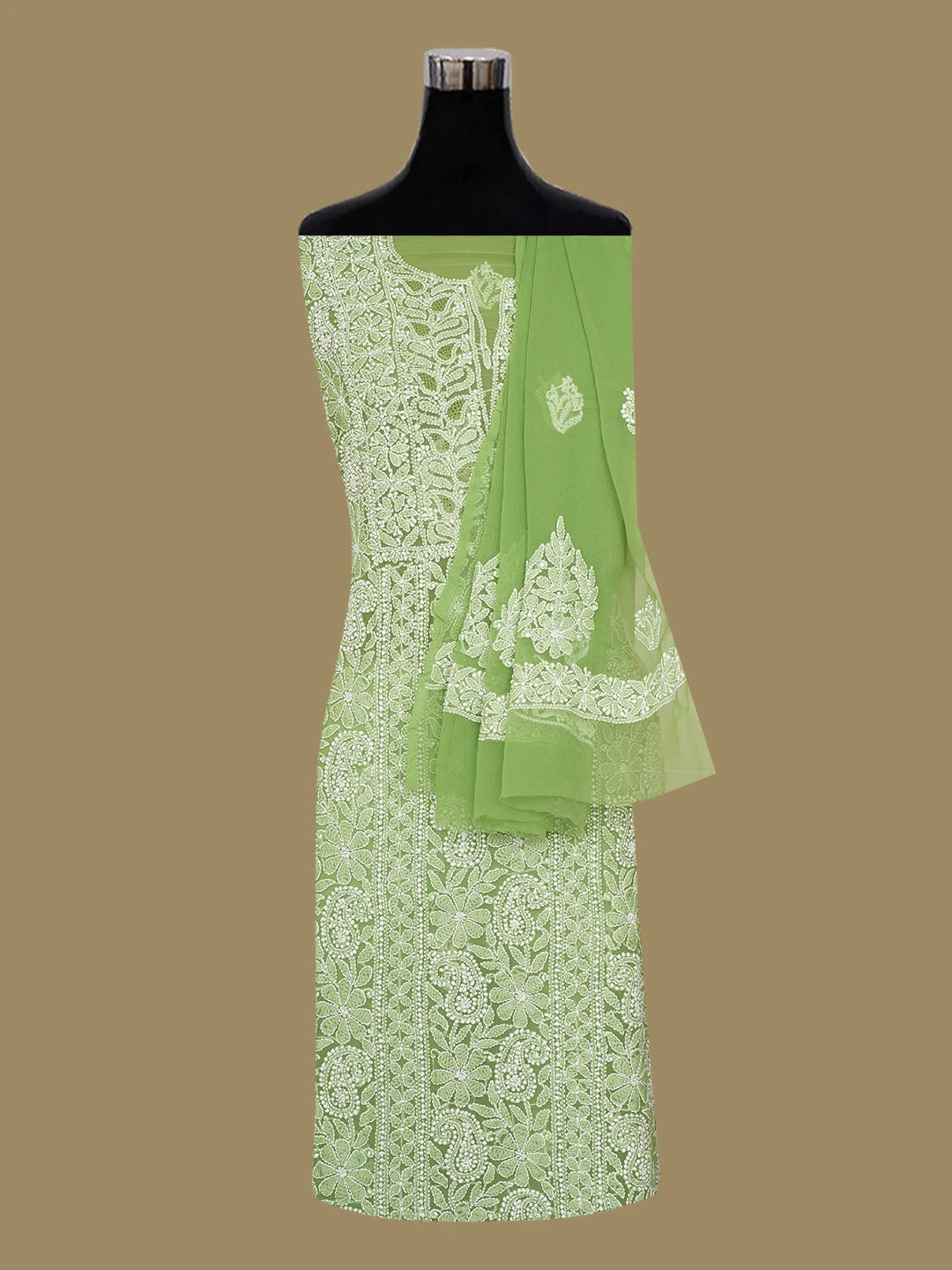 Ada Hand Embroidered Avacado Green Georgette Lucknowi Chikankari Unstitched Suit Piece 01A707959