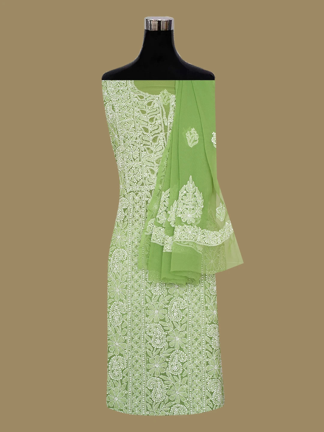 Ada Hand Embroidered Avacado Green Georgette Lucknowi Chikankari Unstitched Suit Piece 01A707959