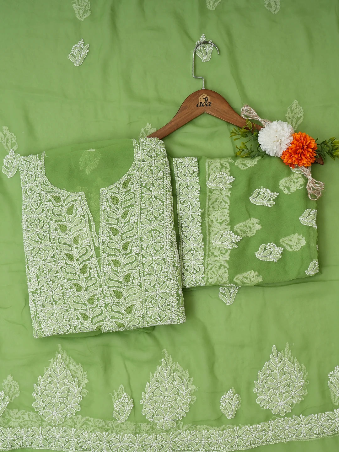 Ada Hand Embroidered Avacado Green Georgette Lucknowi Chikankari Unstitched Suit Piece 01A707959