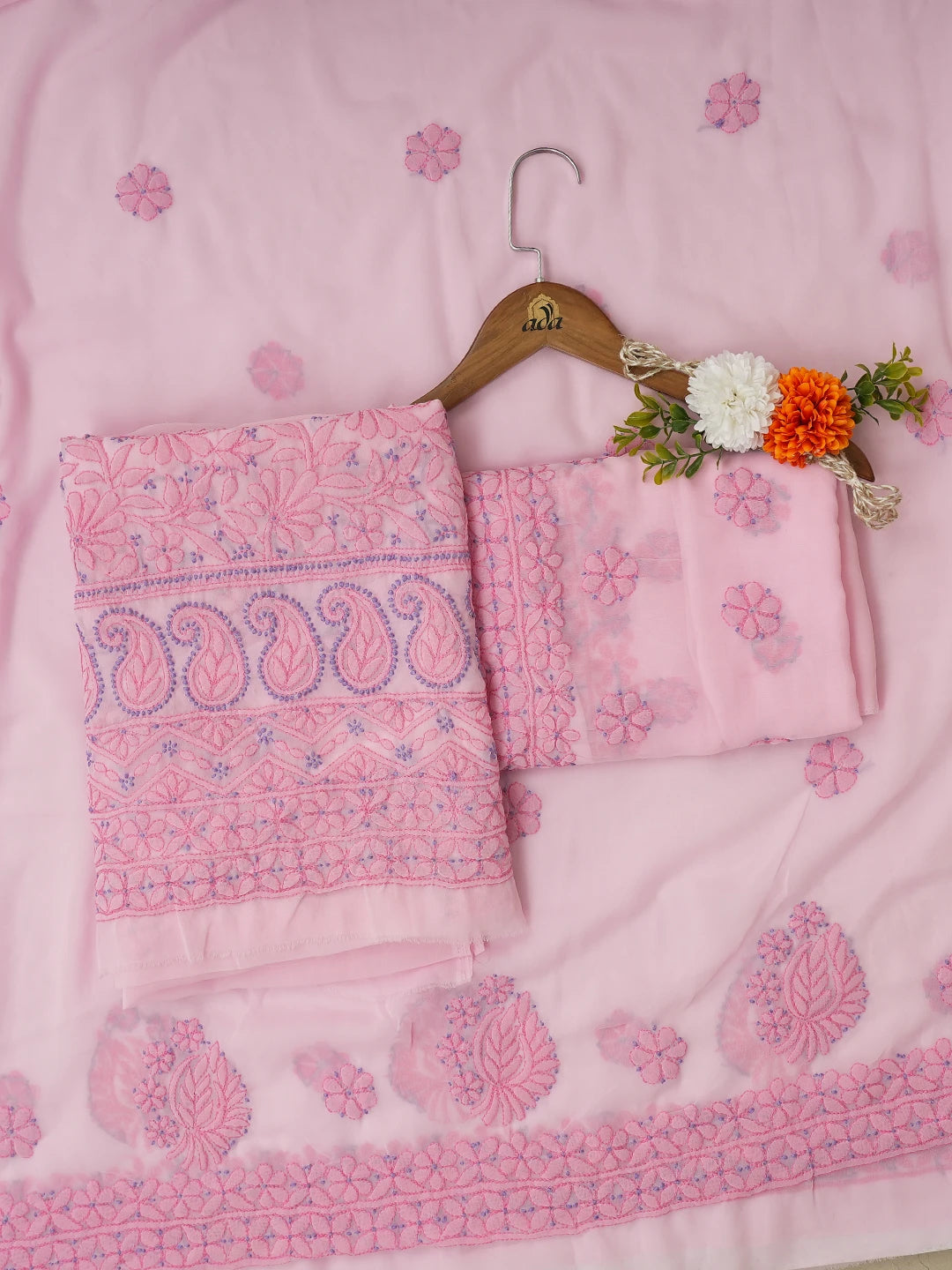 Ada Hand Embroidered Carnation Pink Georgette Lucknowi Chikankari Unstitched Suit Piece 01A707968