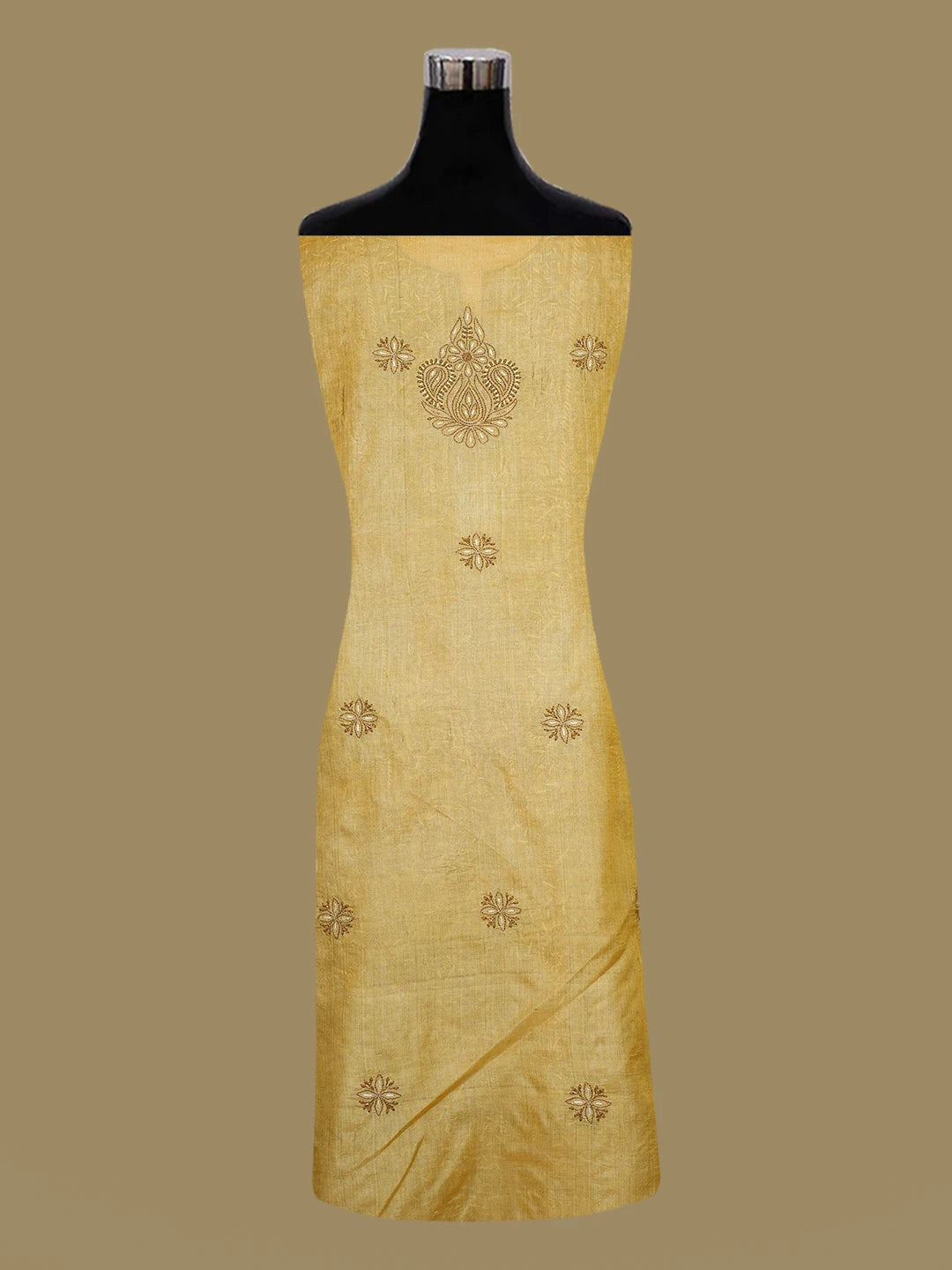 Ada Hand Embroidered Hunyadi Yellow Tussar Silk Lucknowi Chikankari Unstitched Suit Piece With Cutdana Work 01A604484