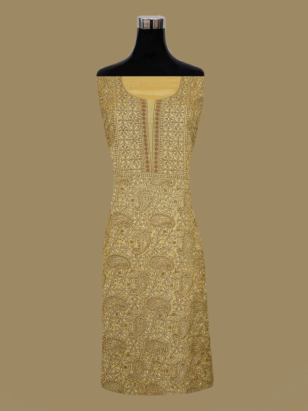 Ada Hand Embroidered Hunyadi Yellow Tussar Silk Lucknowi Chikankari Unstitched Suit Piece With Cutdana Work 01A604484