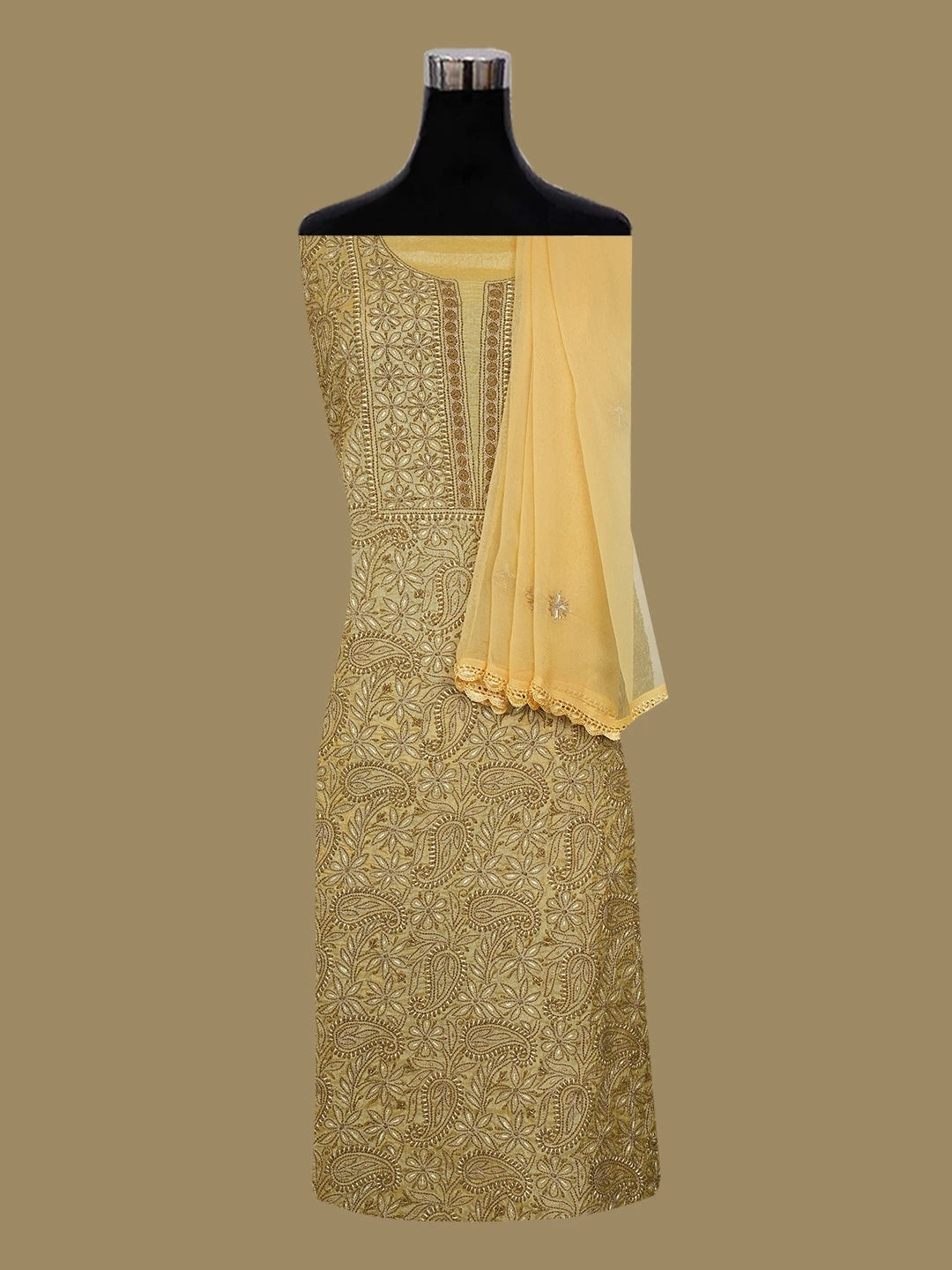 Ada Hand Embroidered Hunyadi Yellow Tussar Silk Lucknowi Chikankari Unstitched Suit Piece With Cutdana Work 01A604484