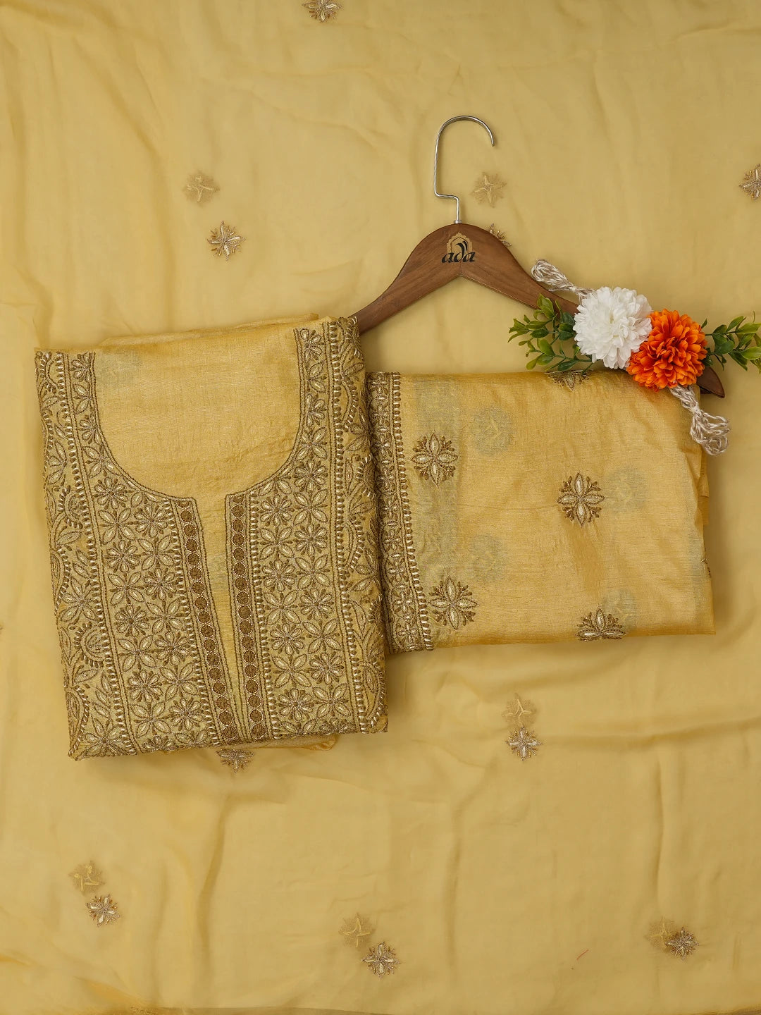Ada Hand Embroidered Hunyadi Yellow Tussar Silk Lucknowi Chikankari Unstitched Suit Piece With Cutdana Work 01A604484
