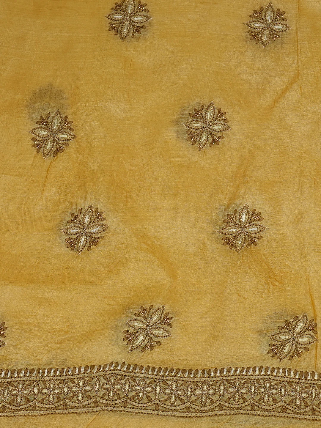 Ada Hand Embroidered Hunyadi Yellow Tussar Silk Lucknowi Chikankari Unstitched Suit Piece With Cutdana Work 01A604484