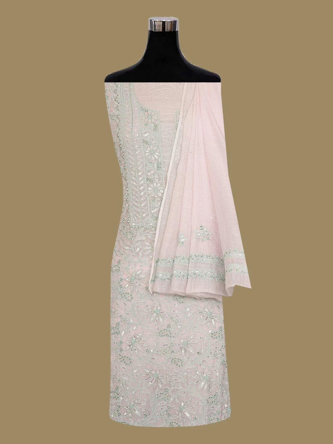 Ada Hand Embroidered Light Pink Chanderi Lucknowi Chikankari Unstitched Kurta Dupatta Set With Pearl Work 01A610202