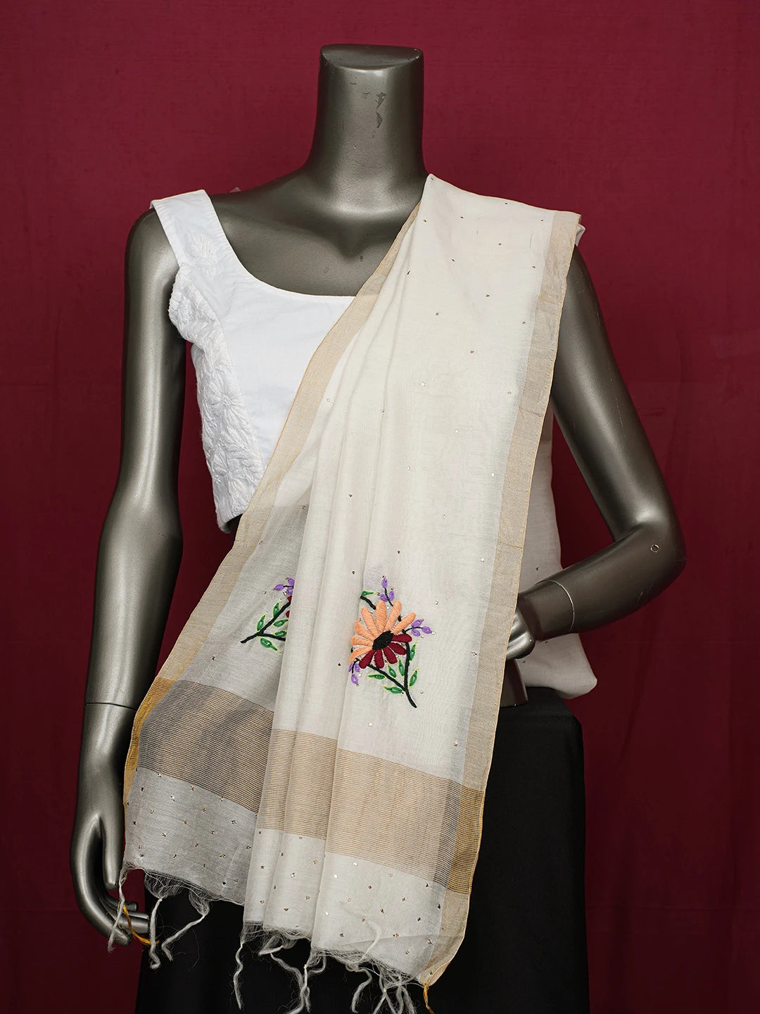 Ada Hand Embroidered Ivory White Chanderi Lucknowi Chikankari Dupatta With Parsi Work 01A221186