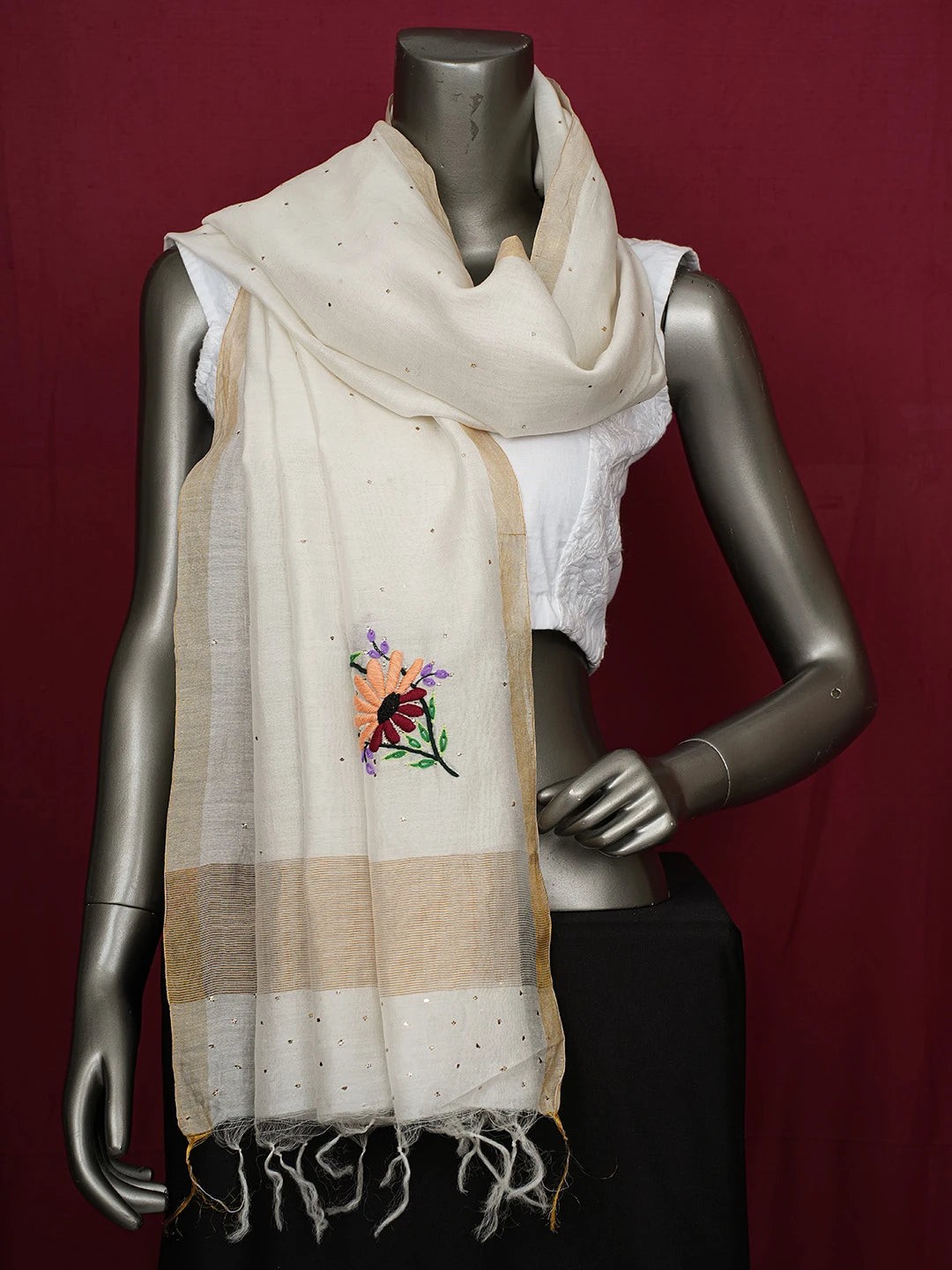 Ada Hand Embroidered Ivory White Chanderi Lucknowi Chikankari Dupatta With Parsi Work 01A221186