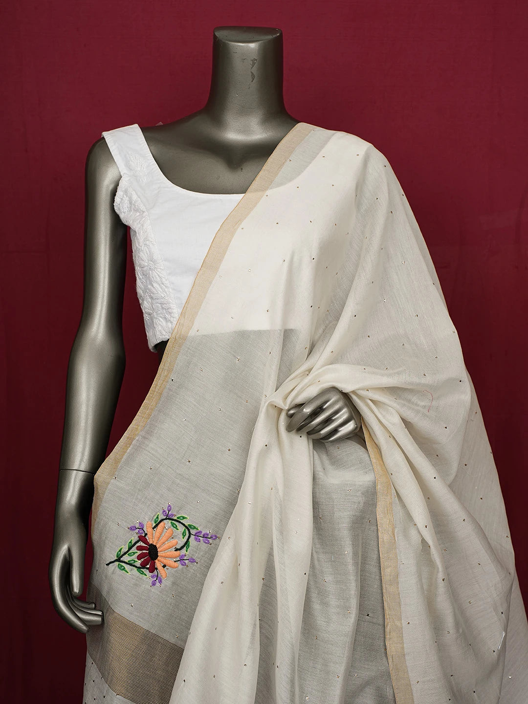 Ada Hand Embroidered Ivory White Chanderi Lucknowi Chikankari Dupatta With Parsi Work 01A221186