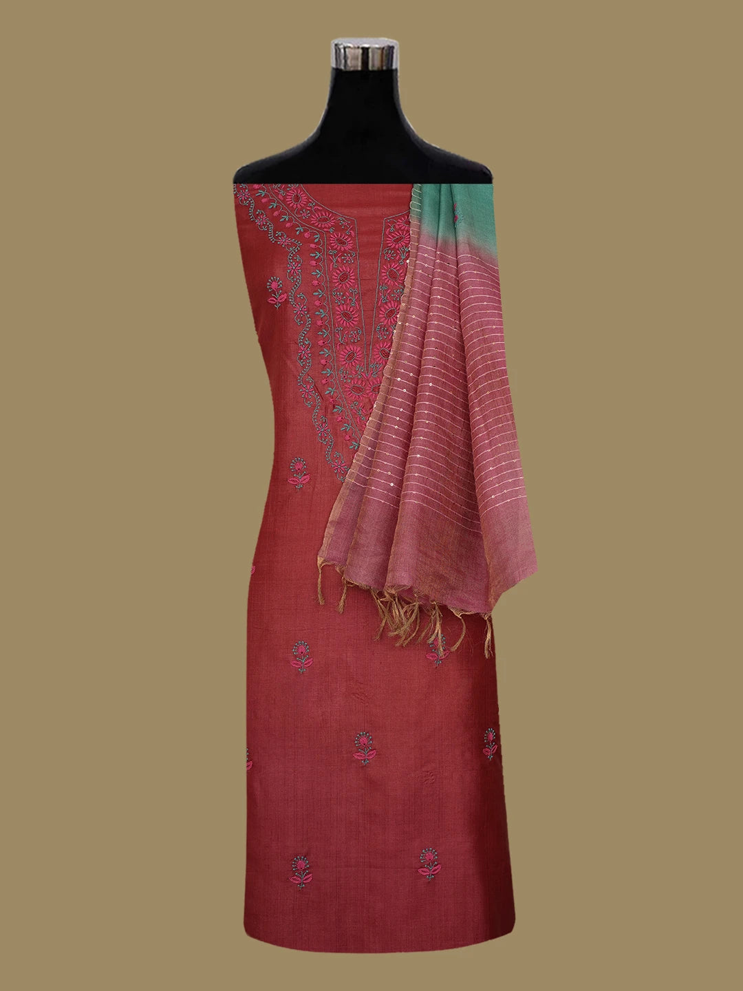 Ada Hand Embroidered Maroon Silk Lucknowi Chikankari Unstitched Suit Piece 01A650961