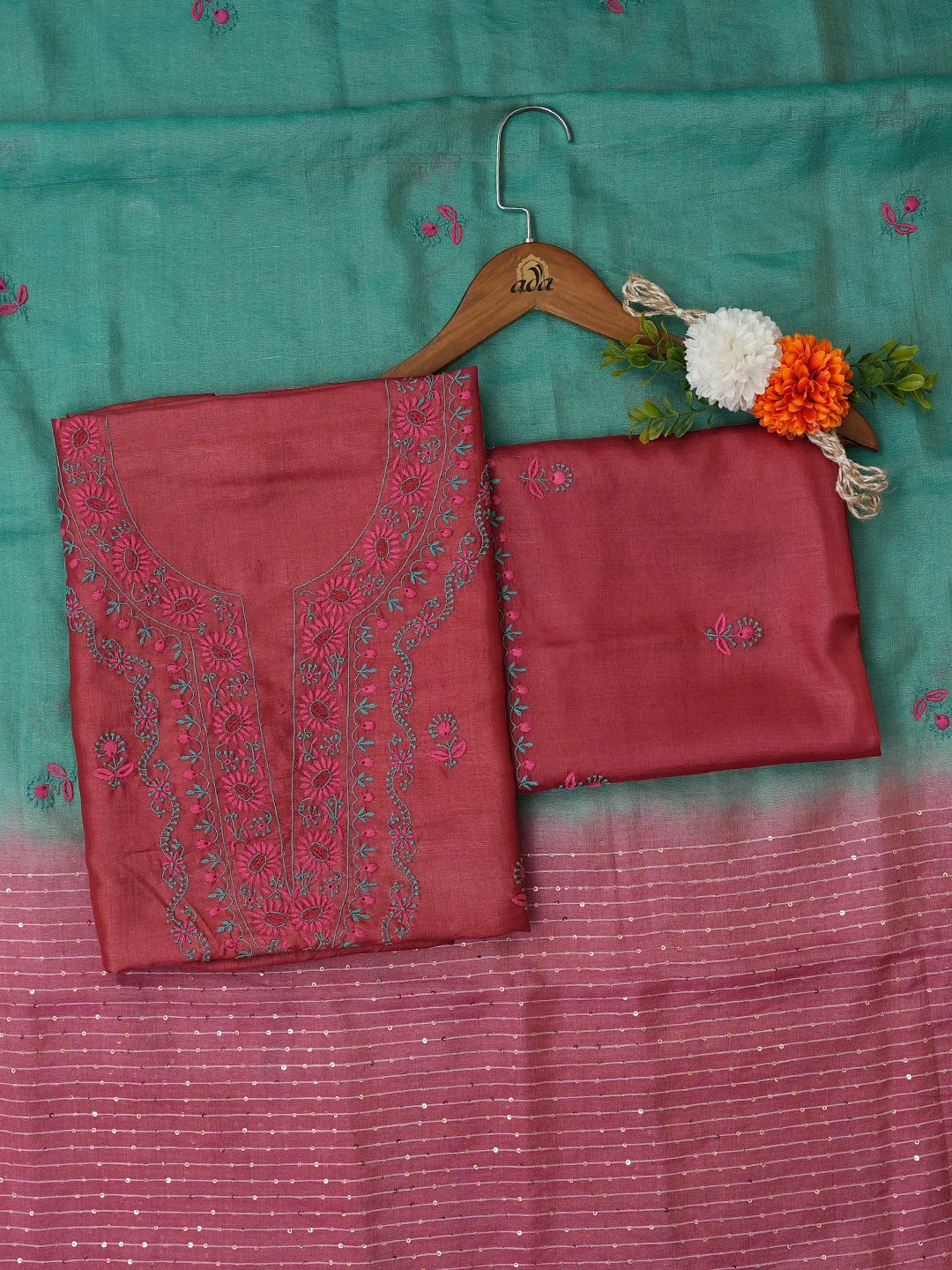Ada Hand Embroidered Maroon Silk Lucknowi Chikankari Unstitched Suit Piece 01A650961