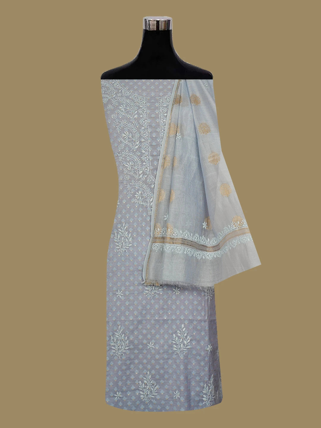Ada Hand Embroidered Light Mauve Chanderi Lucknowi Chikankari Unstitched Kurta Dupatta Set 01A680187