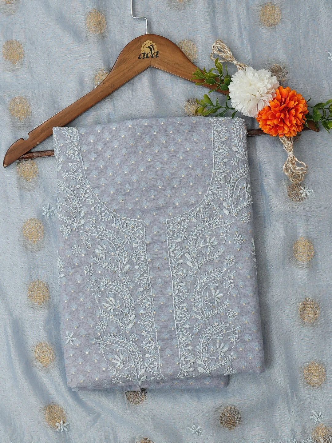 Ada Hand Embroidered Light Mauve Chanderi Lucknowi Chikankari Unstitched Kurta Dupatta Set 01A680187