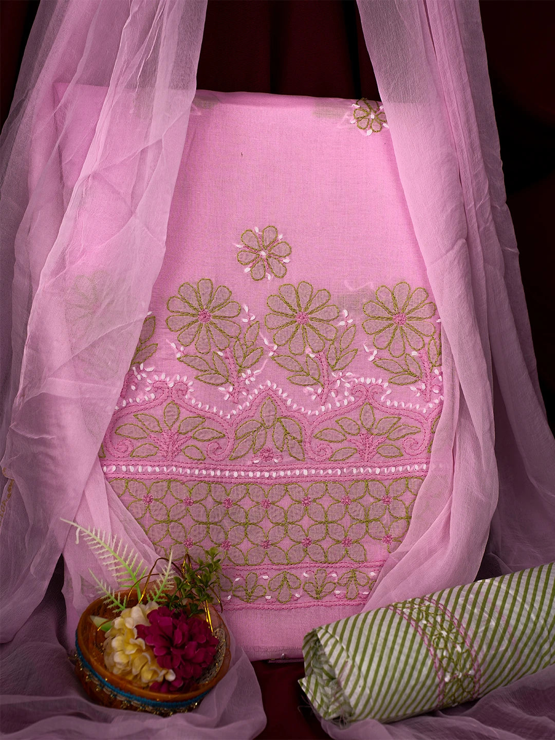 Ada Hand Embroidered Pink Cotton Lucknowi Chikankari Unstitched Suit Piece 01A700444