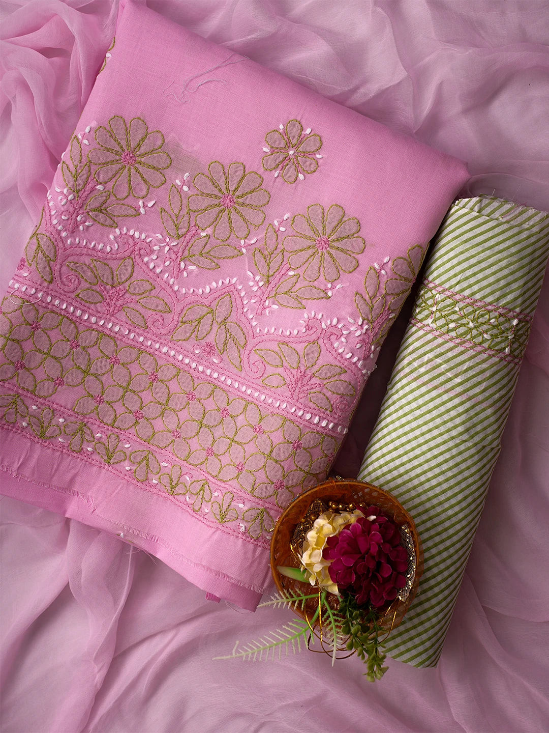 Ada Hand Embroidered Pink Cotton Lucknowi Chikankari Unstitched Suit Piece 01A700444
