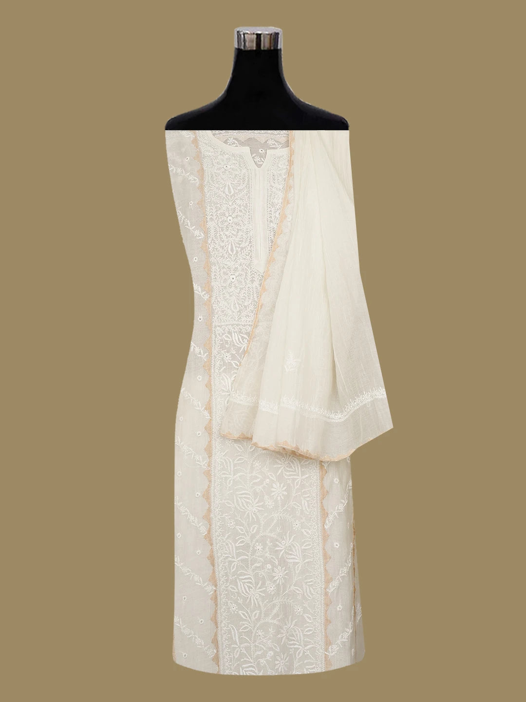 Ada Hand Embroidered White Chanderi Lucknowi Chikankari Semi-stitched Kurta Dupatta Set 01A703159