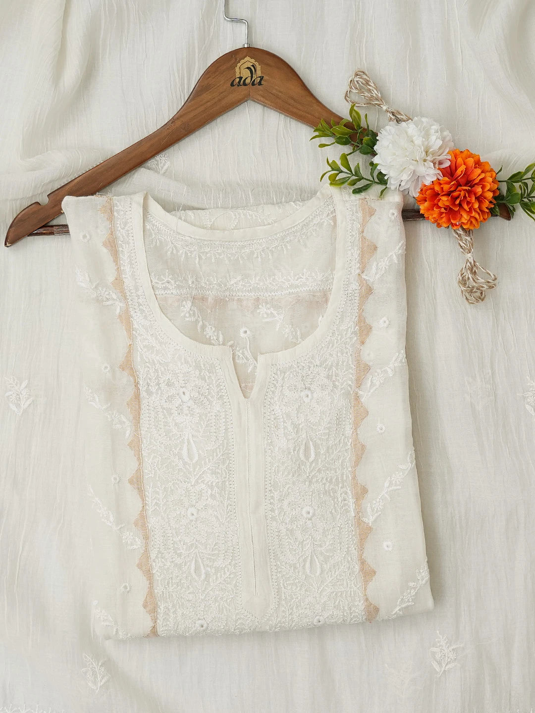 Ada Hand Embroidered White Chanderi Lucknowi Chikankari Semi-stitched Kurta Dupatta Set 01A703159